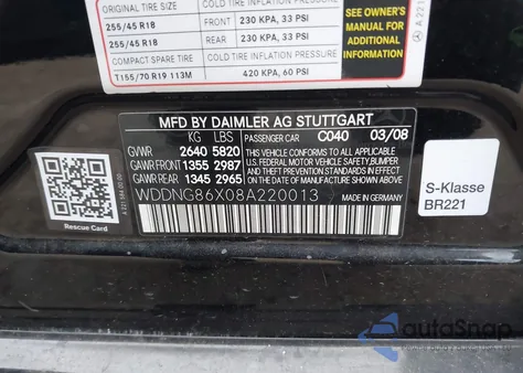 2008 Mercedes-Benz S 550 4Matic z USA, uszkodzony, nr VIN WDDNG86X08A220013